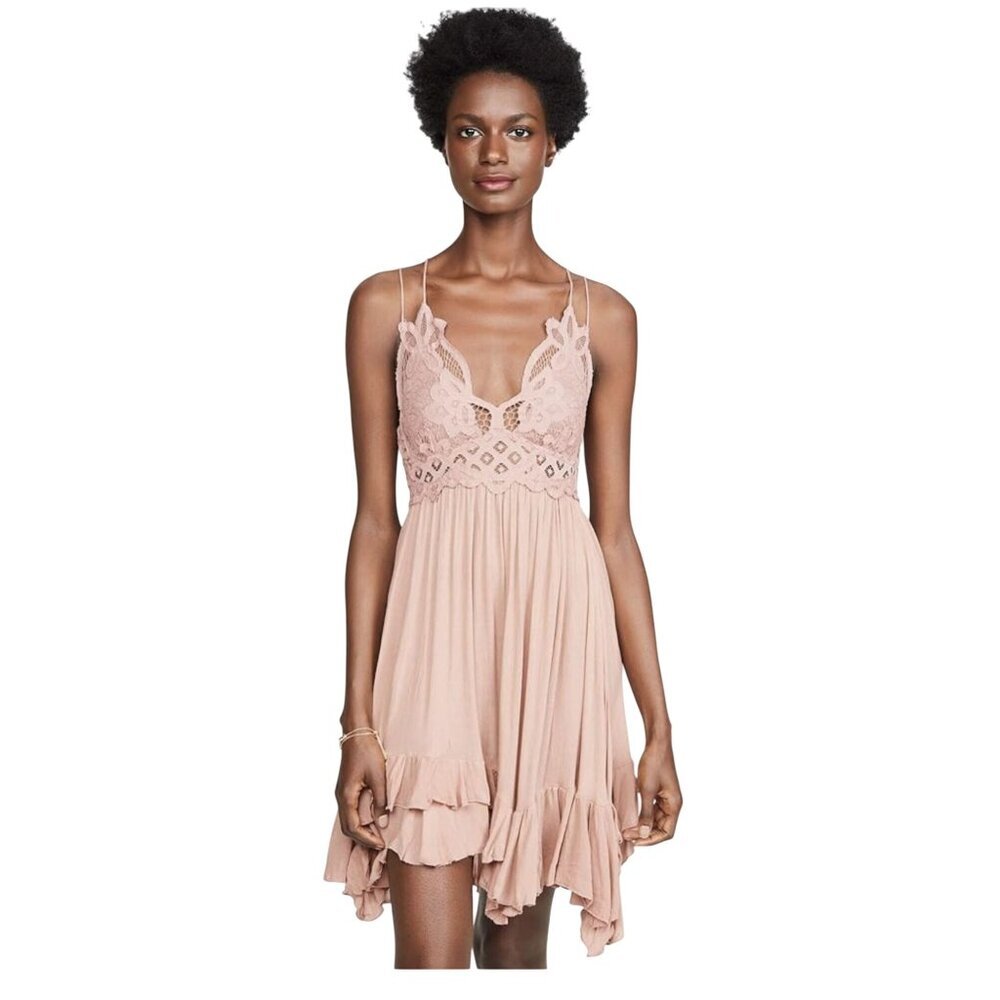 Free People Adella Slip Dress Rose Lace Crochet Spaghetti Strap Ruffle Womens M